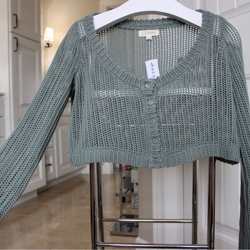 LA Hearts Jules Mini Cropped Cardigan in Teal Sz M